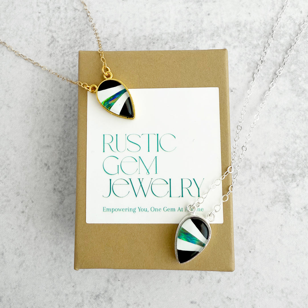Black Quartz and Opal Inverted Teardrop Bezel Necklace