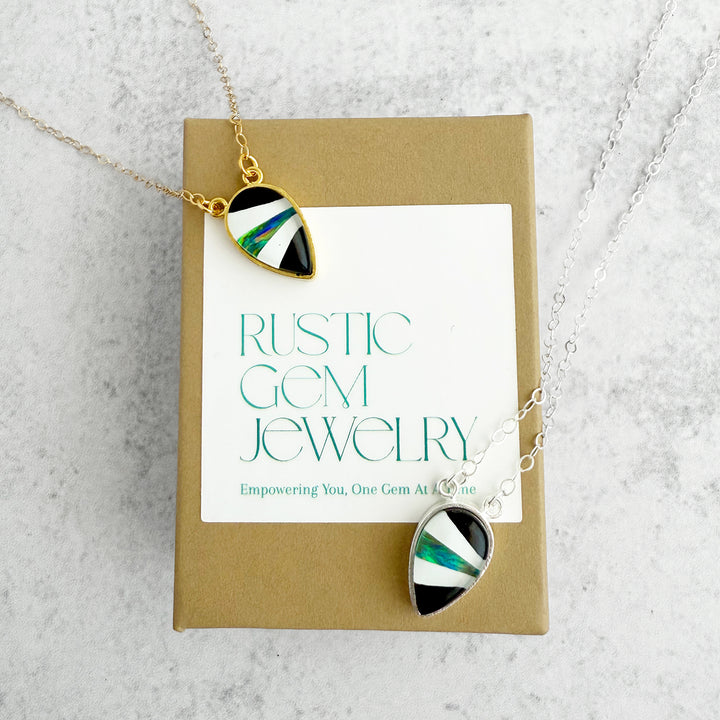 Black Quartz and Opal Inverted Teardrop Bezel Necklace