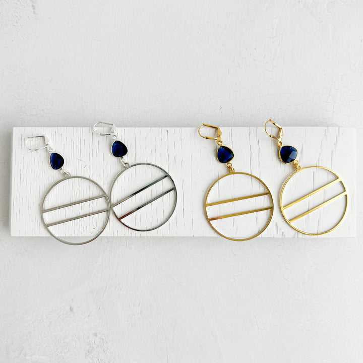 Geometric Hoops with Blue Lolite Stones in Gold and Silver