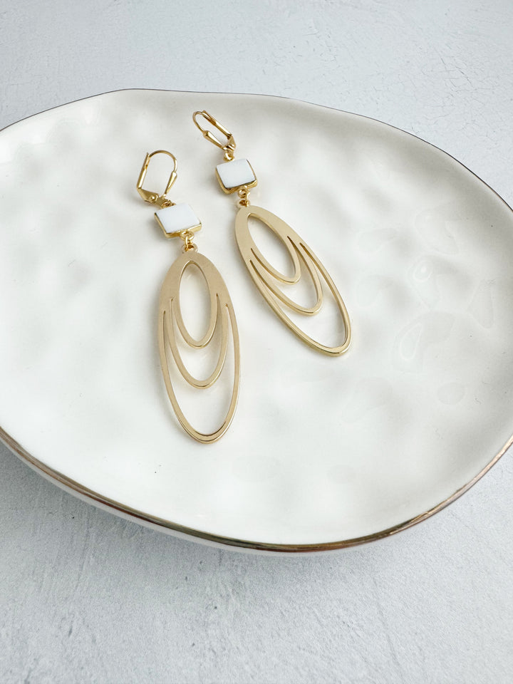 Long Layered Oval Earrings with White Agate Stones in Silver or Gold