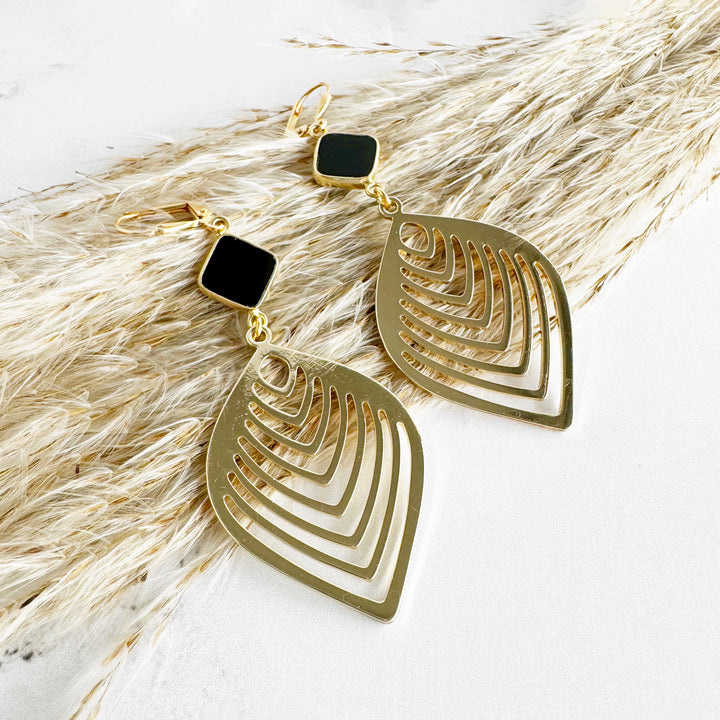 Black Onyx Leaf Statement Earrings in Brass Gold