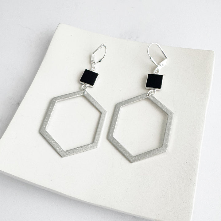 Black Onyx Hexagon Earrings in Brushed Silver