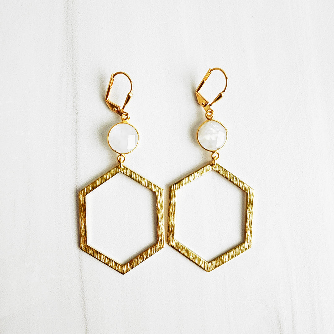 Moonstone Hexagon Statement Earrings in Brushed Gold