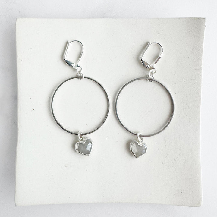 Moonstone Heart Dangle Hoop Earrings in Brushed Silver