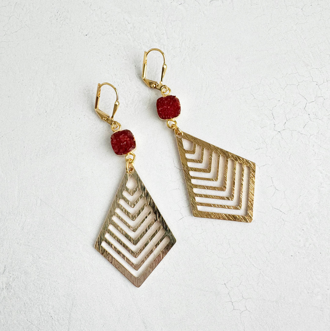 Burnt Orange Druzy Diamond Dangle Earrings in Brushed Gold