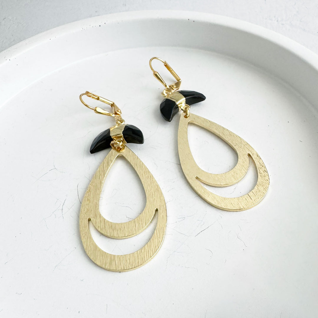 Black Onyx Crescent Teardrop Earrings in Brushed Gold