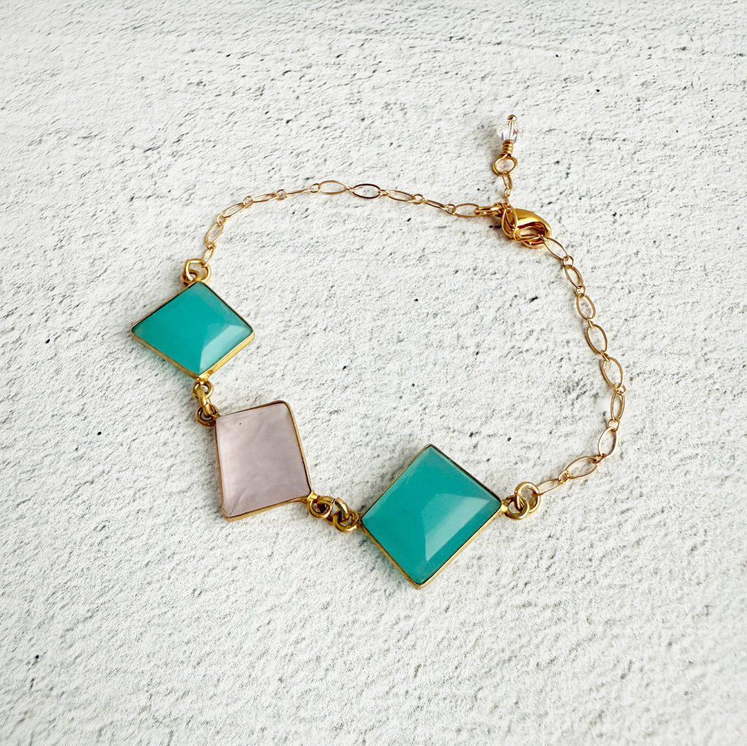 Triple Jewel Bracelet in Gold with Aqua Chalcedony and Rose Quartz