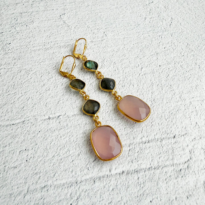 Long Gemstone Drop Earrings in Gold with Pink Chalcedony and Labradorite