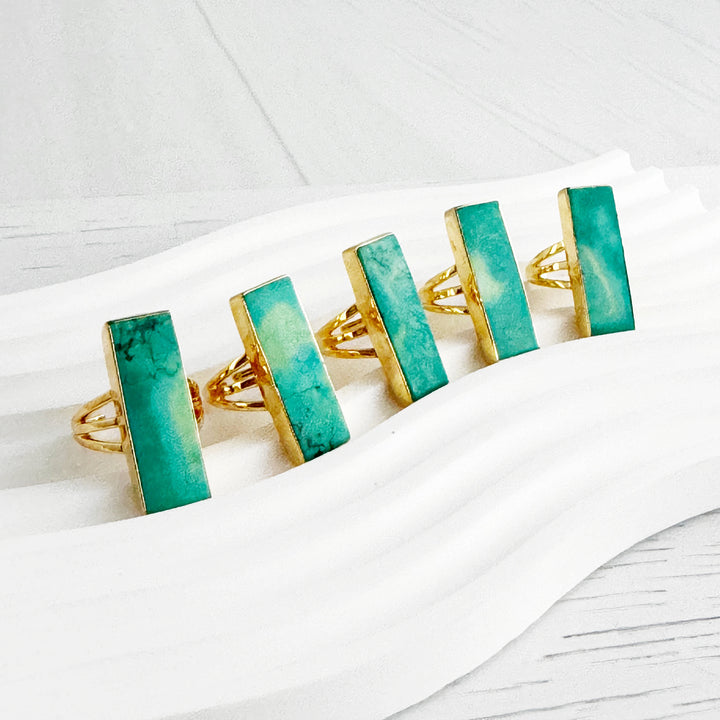 Large Tibetan Turquoise Rectangle Bar Statement Ring in Gold and Silver