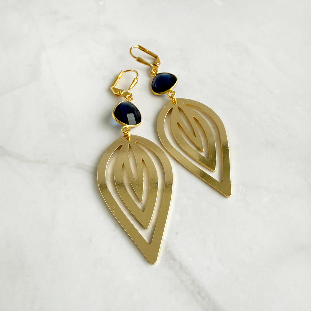 Dark Blue Chalcedony and Inverted Lotus Earrings in Gold