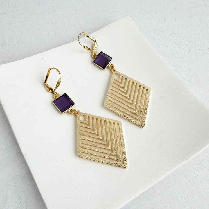 Amethyst Patterned Diamond Dangle Earrings in Brushed Gold