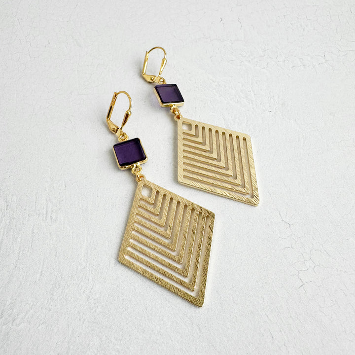 Amethyst Patterned Diamond Dangle Earrings in Brushed Gold