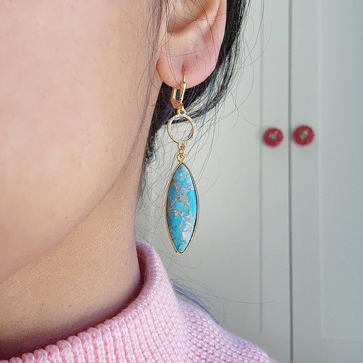 Turquoise Circle Dangle Earrings in Brushed Gold