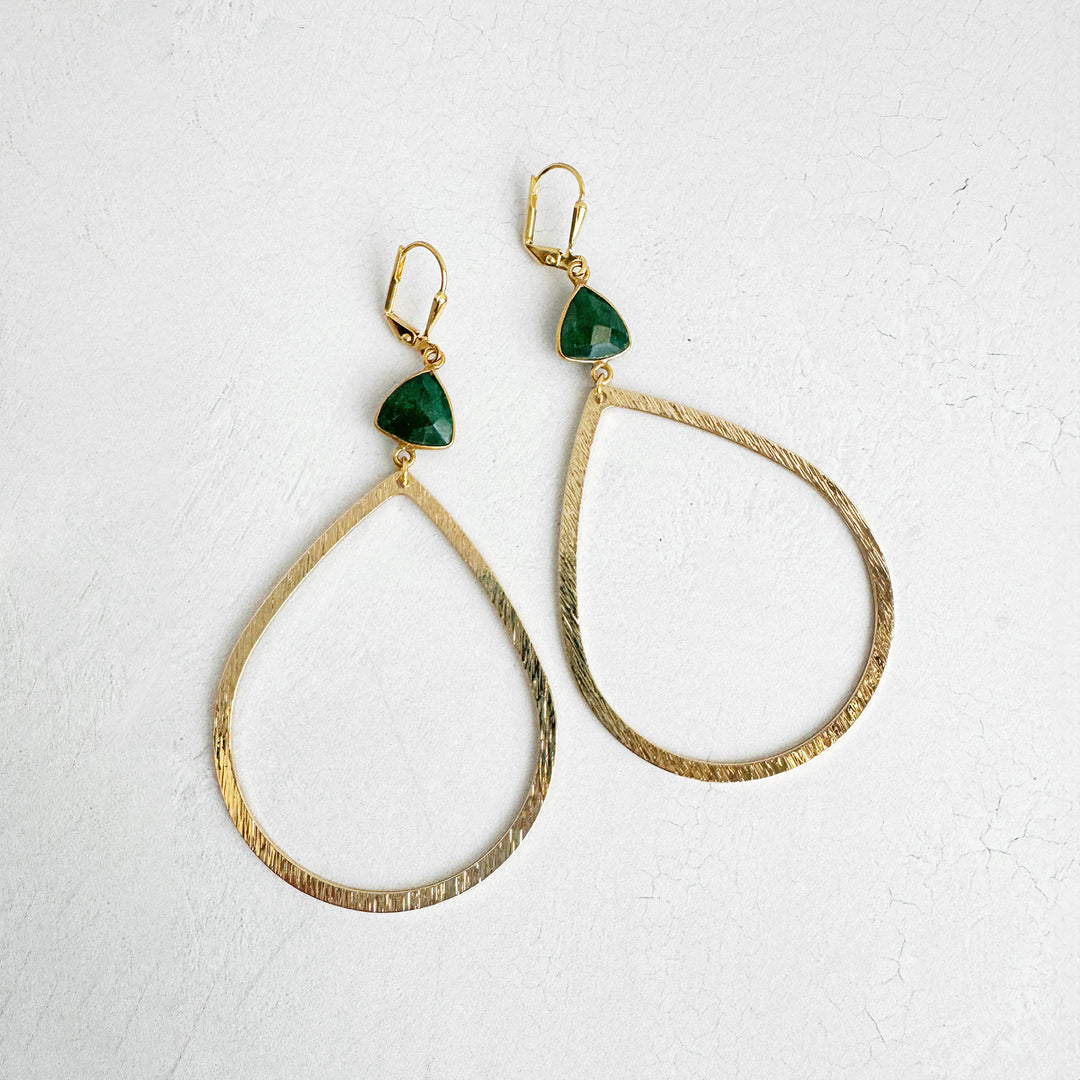 Large Emerald Teardrop Statement Earrings in Brushed Gold