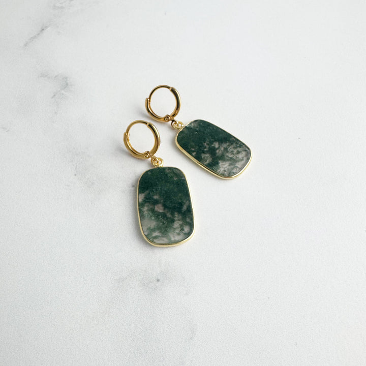 Statement Gemstone Slice Drop Earrings in Gold – Moss Agate