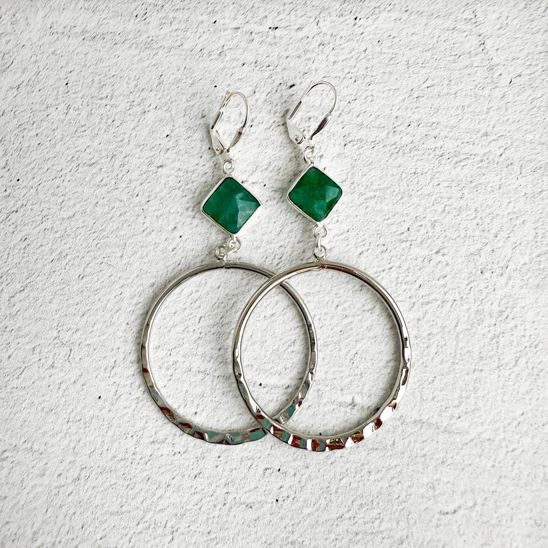 Raw Emerald Hoop Earrings in Hammered Silver
