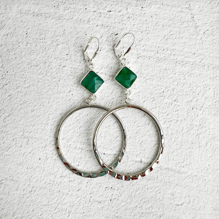 Raw Emerald Hoop Earrings in Hammered Silver