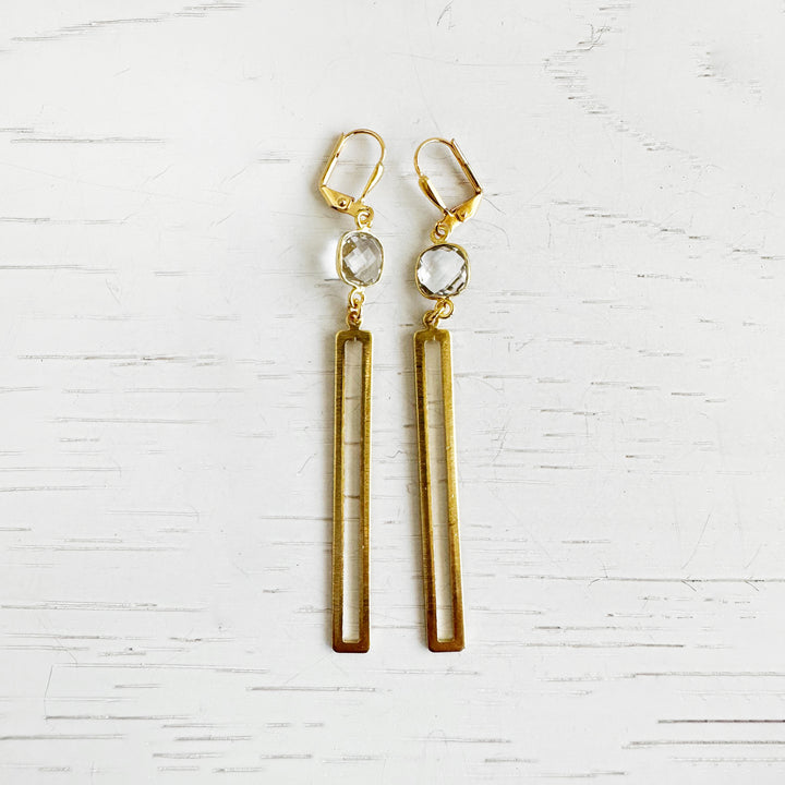Long Open Rectangle Drop Earrings in Gold with Crystal Quartz Stones