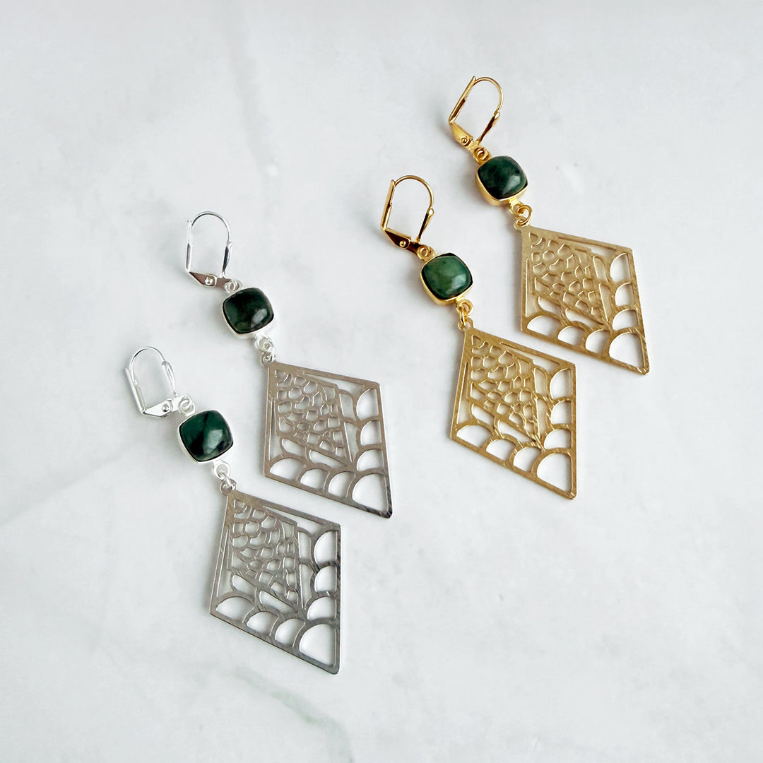 Emerald and Webbed Diamond Dangle Earrings