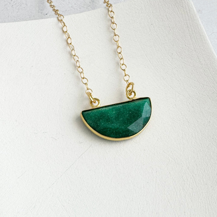 Small Raw Emerald Half Moon Crescent Necklace in Gold and Silver