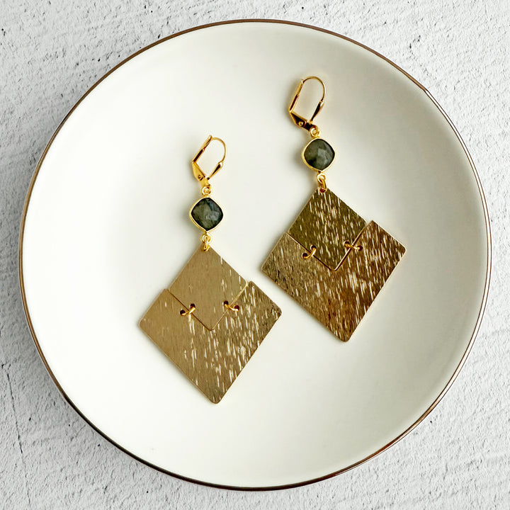 Labradorite Diamond Pendant Statement Earrings in Brushed Gold