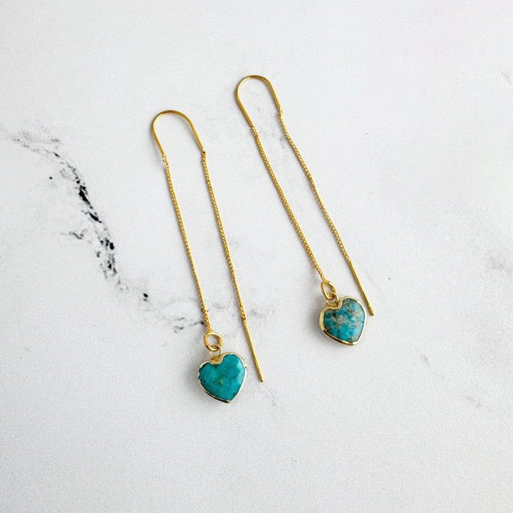 Turquoise Heart Drop Threader Earrings in Gold