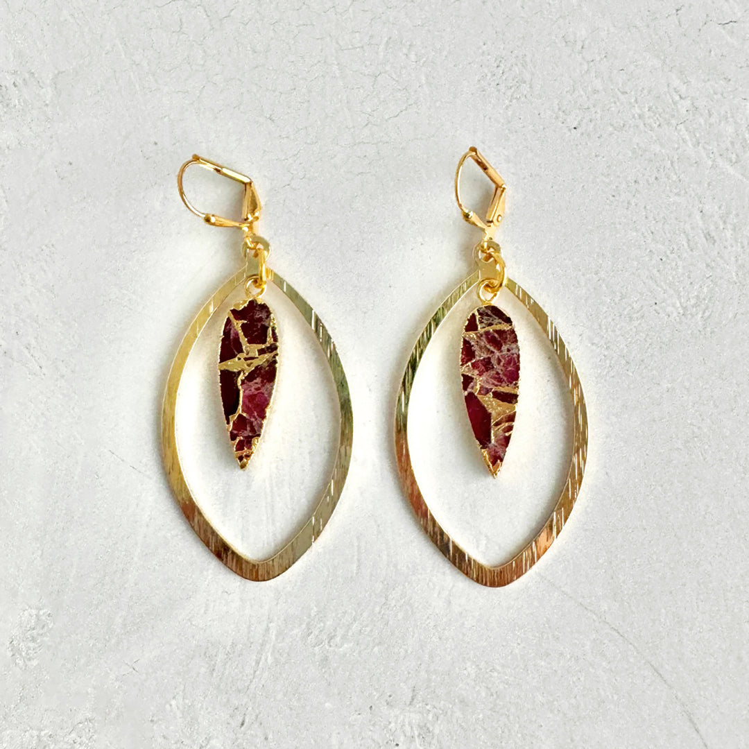 Fuchsia Mojave Marquise Dangle Earrings in Brushed Gold