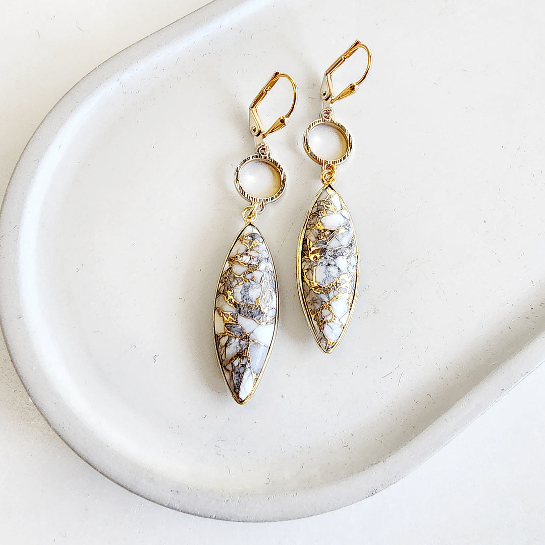White Stone Circle Dangle Earrings in Brushed Gold