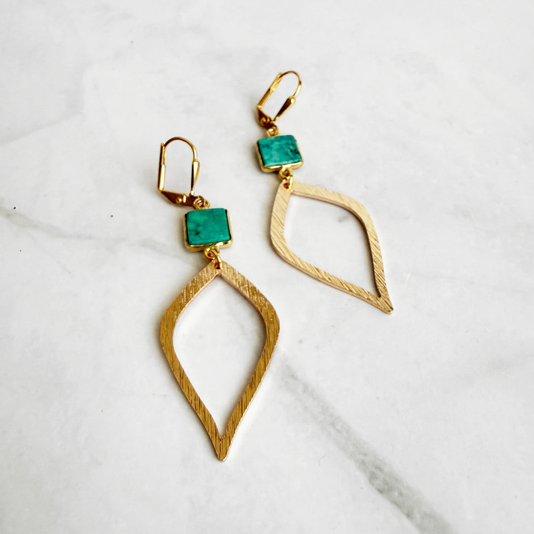 Tibetan Turquoise Halo Drop Dangle Earrings in Brushed Gold