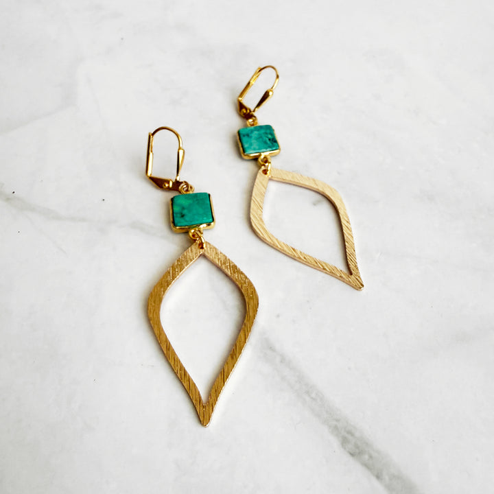 Tibetan Turquoise Halo Drop Dangle Earrings in Brushed Gold