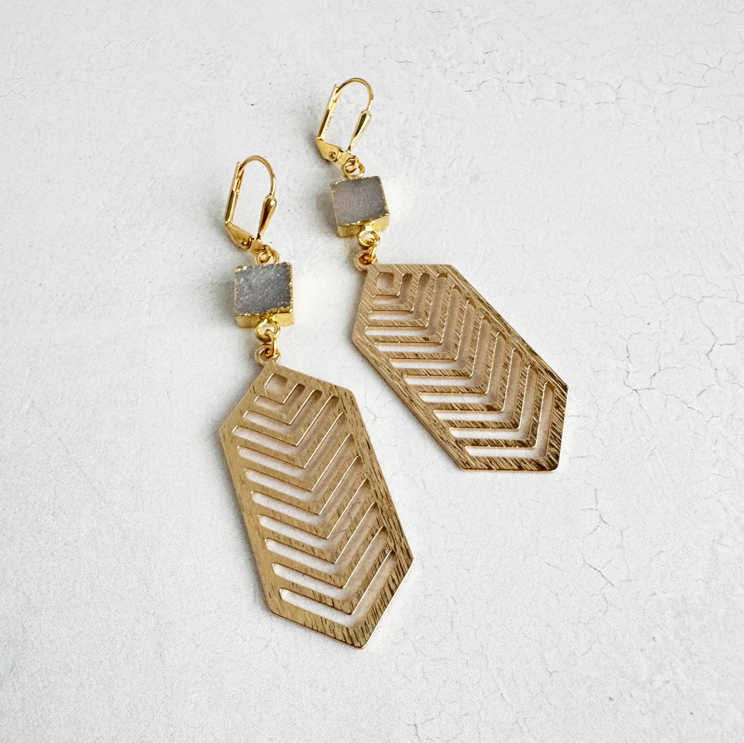 Natural Druzy Chevron Dangle Earrings in Brushed Gold