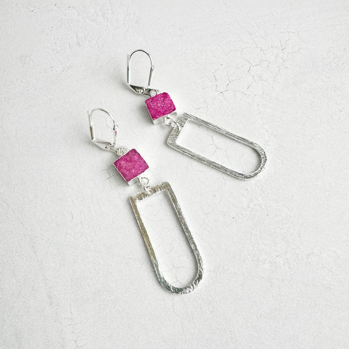 Pink Druzy Horseshoe Earrings in Brushed Silver