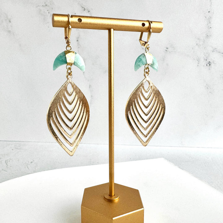 Amazonite Crescent and Leaf Dangle Earrings in Brushed Gold