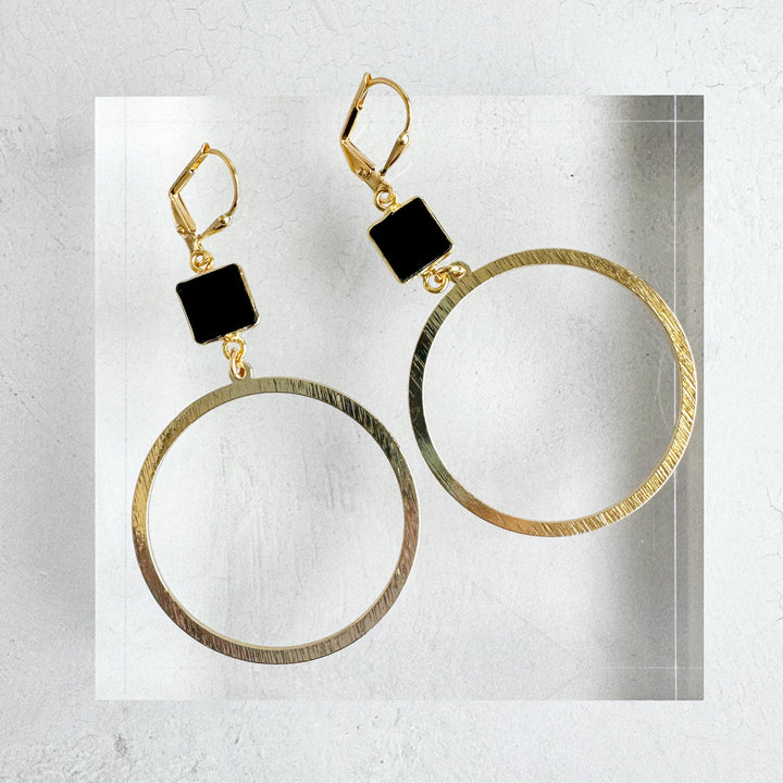 Large Black Onyx Hoop Earrings in Brushed Gold