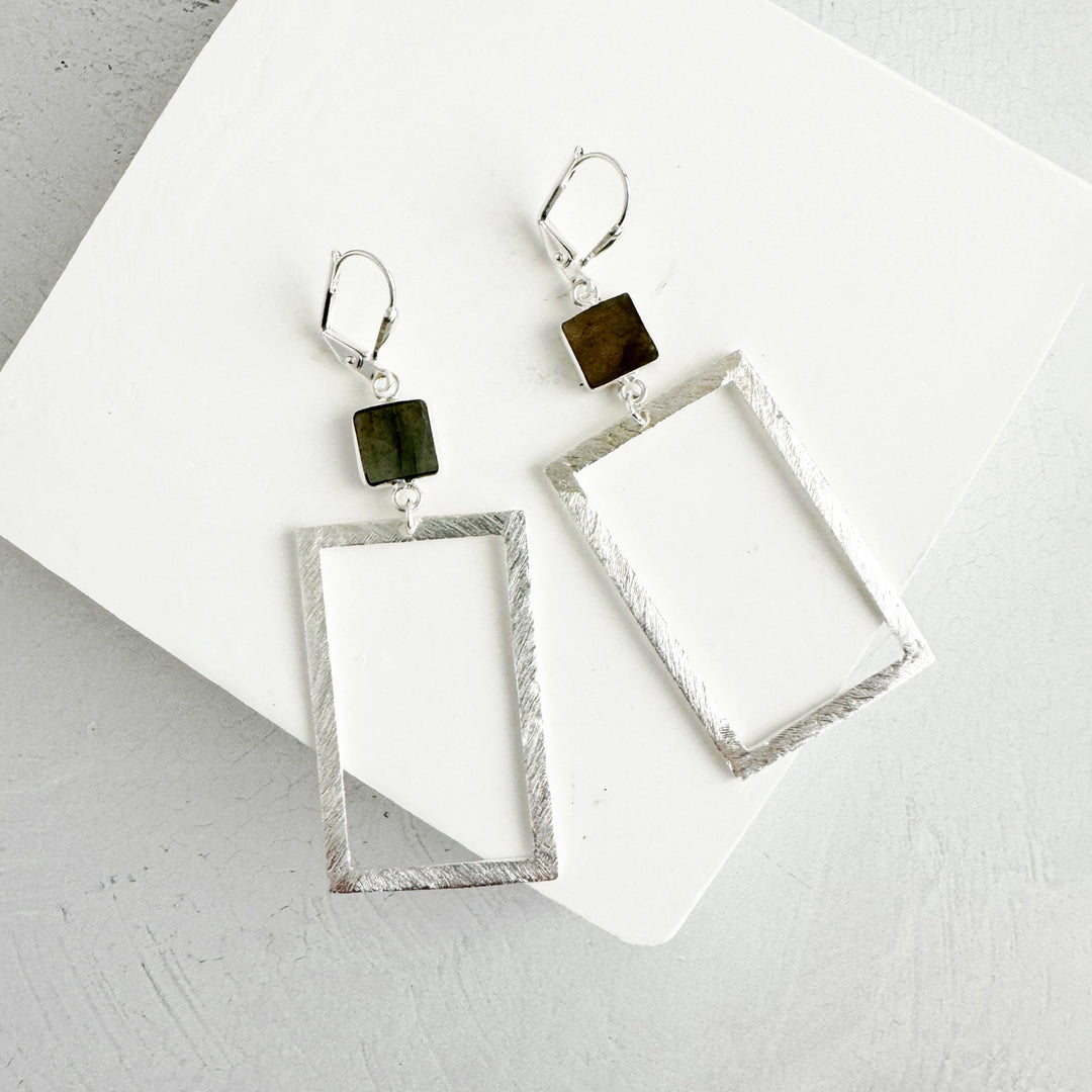 Labradorite Rectangle Statement Earrings in Brushed Silver