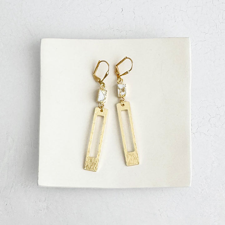 White Mojave Rectangle Dangle Earrings in Brushed Gold