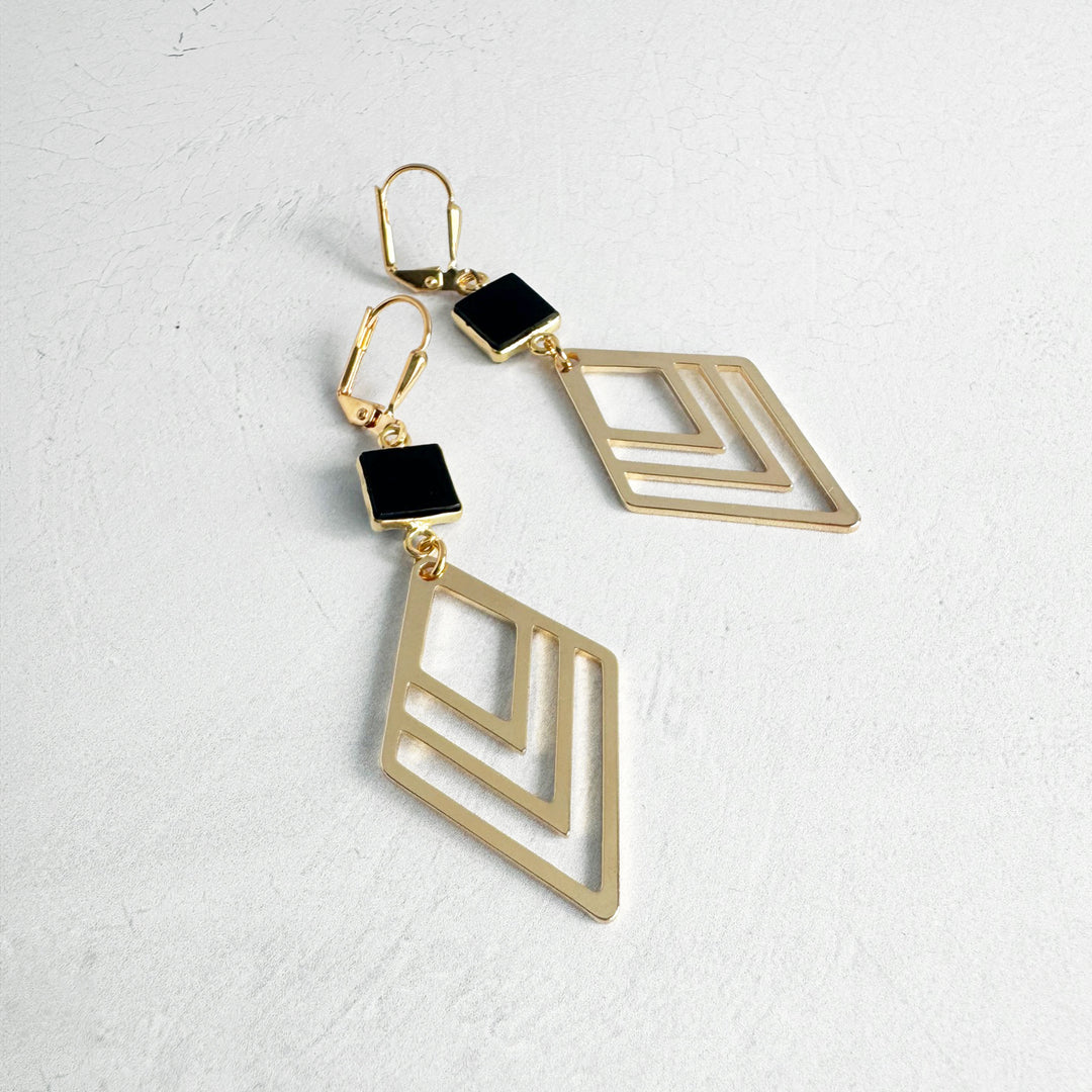 Black Onyx and Layered Diamond Earrings in Gold and Silver