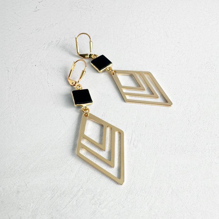 Black Onyx and Layered Diamond Earrings in Gold and Silver