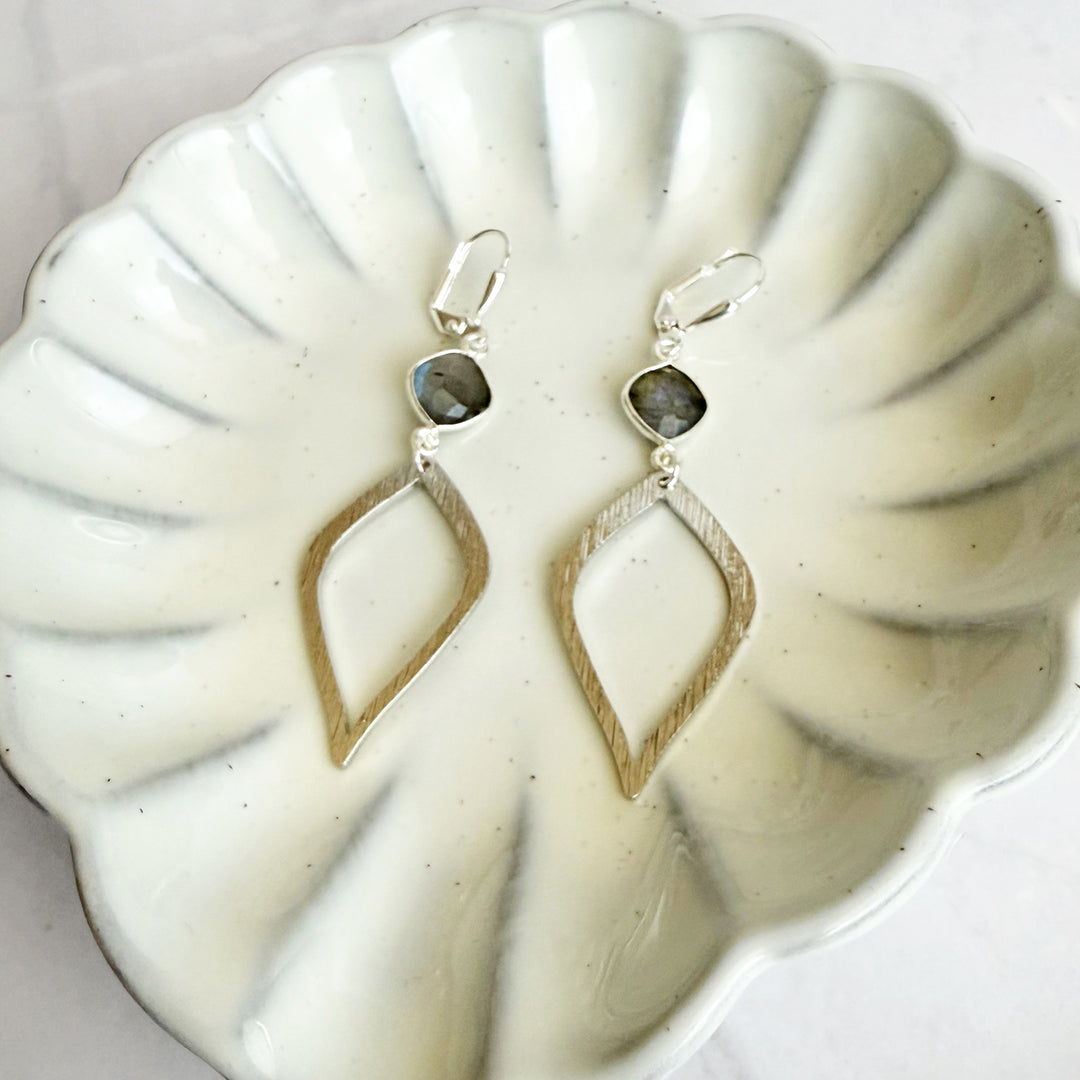 Labradorite Halo Drop Dangle Earrings in Brushed Silver