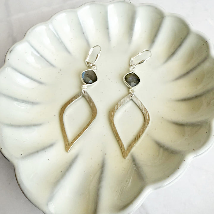 Labradorite Halo Drop Dangle Earrings in Brushed Silver