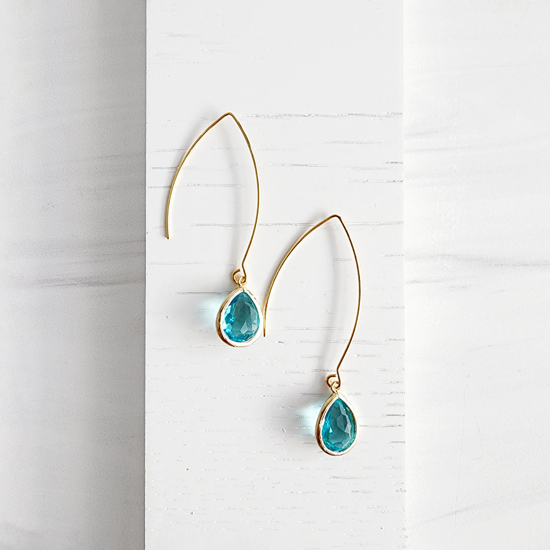 Aquamarine Glass Drop Earrings in Gold