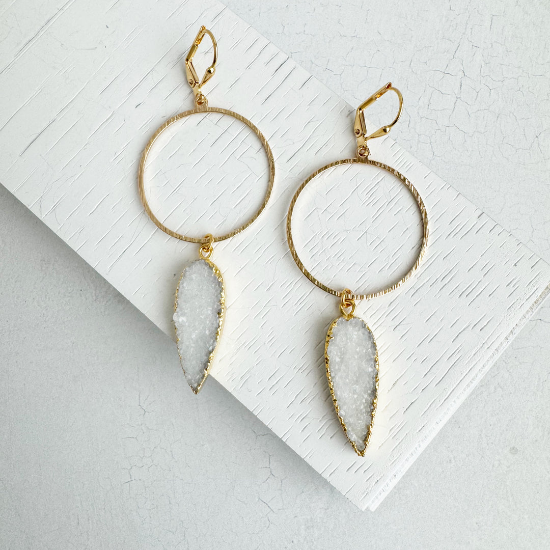 White Druzy Hoop Dangle Earrings in Gold