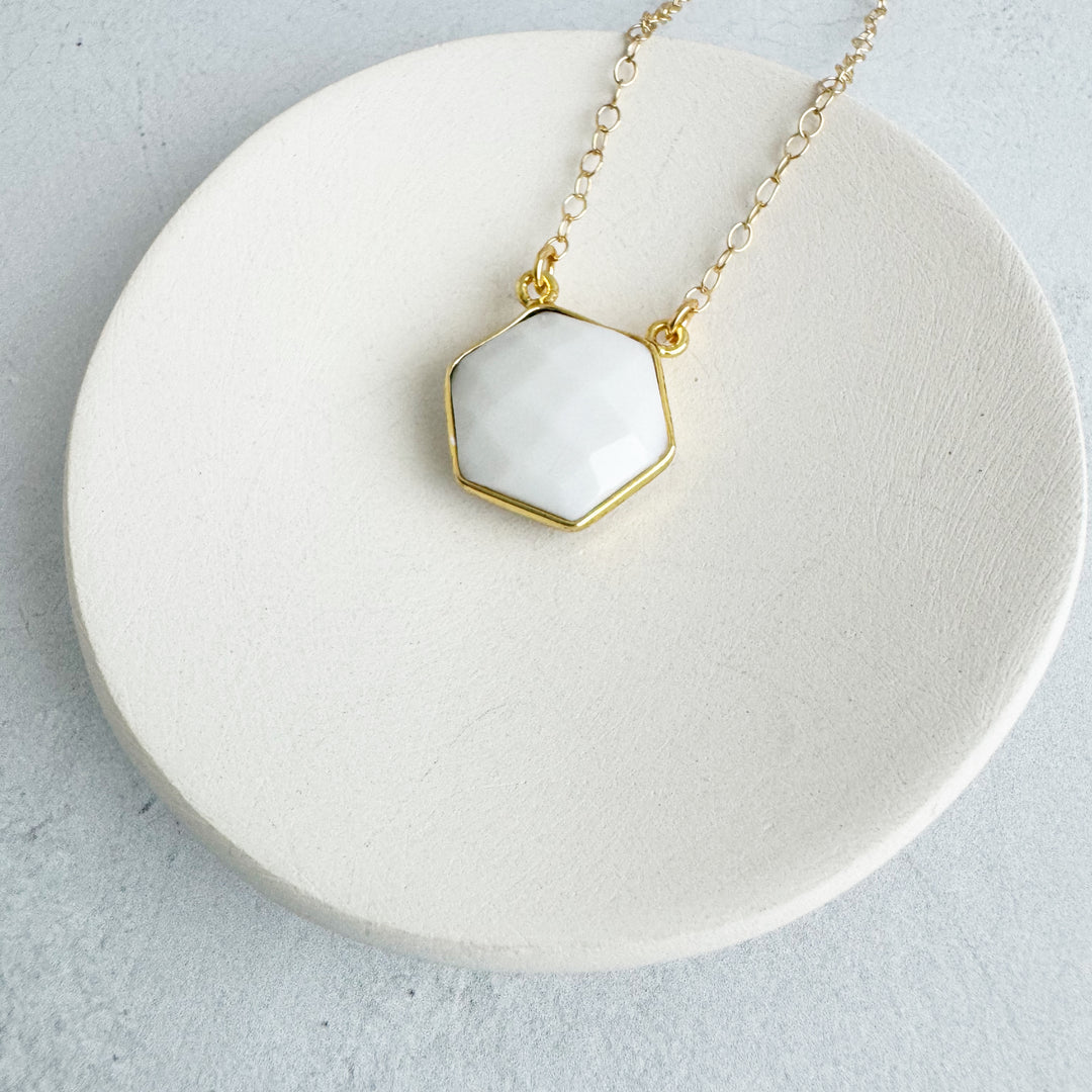 White Agate Hexagon Bezel Necklace in Gold and Silver