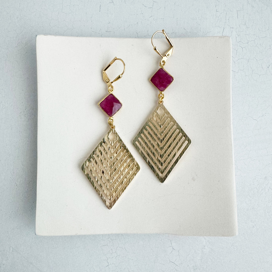 Ruby and Brushed Gold Patterned Diamond Statement Earrings in Gold