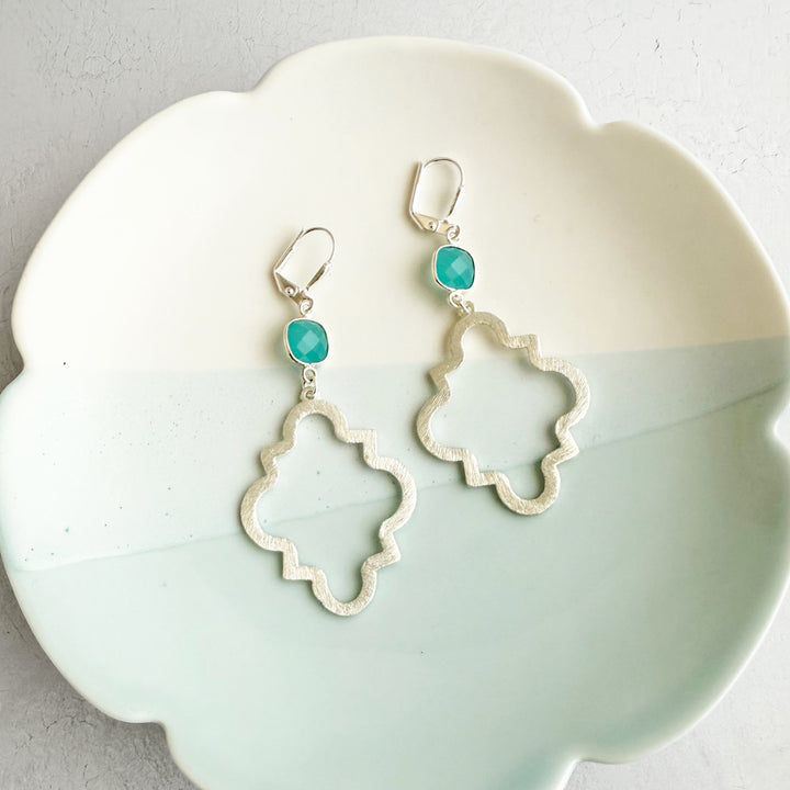 Aqua Chalcedony Quatrefoil Earrings in Brushed Silver