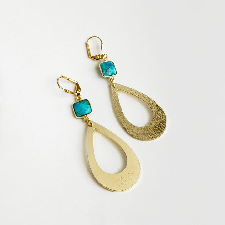 Turquoise Teardrop Statement Earrings in Brushed Gold