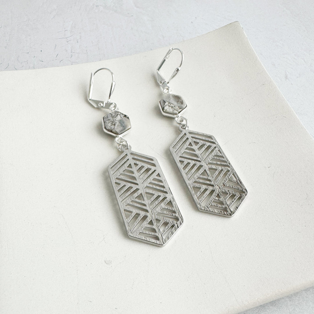 Elongated Hexagon and White Mojave Earrings in Brushed Gold and Silver