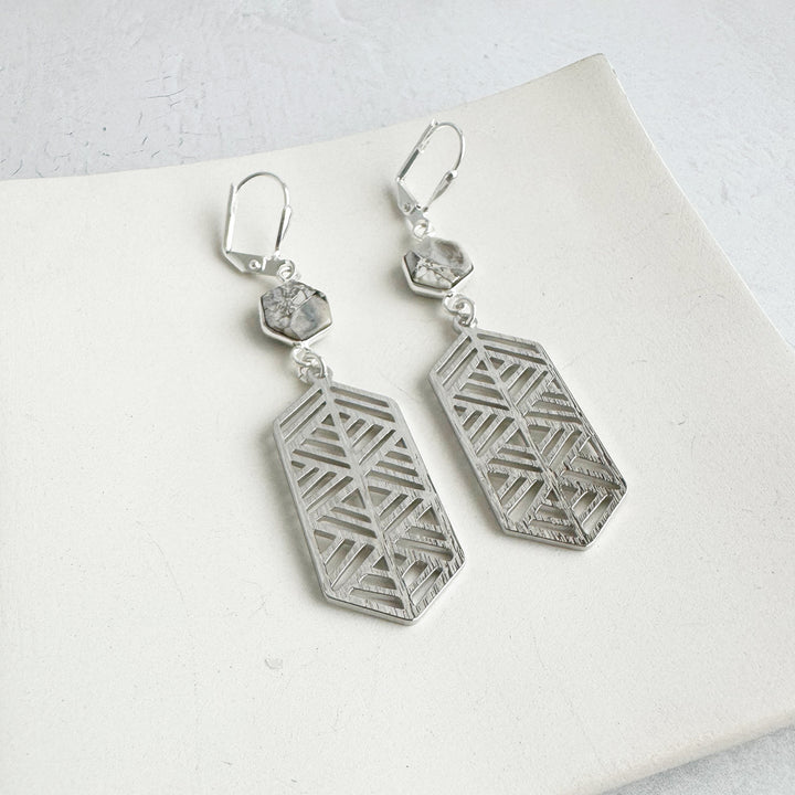 Elongated Hexagon and White Mojave Earrings in Brushed Gold and Silver