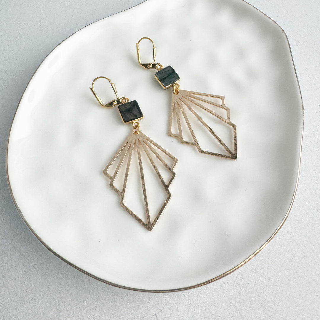 Brushed Fan and Labradorite Gemstone Statement Earrings in Silver and Gold