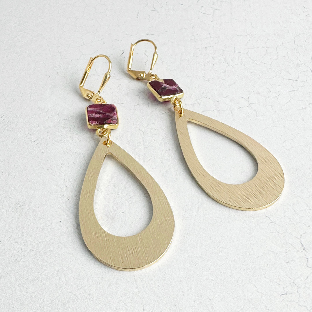 Burgundy Mojave Teardrop Statement Earrings in Brushed Gold